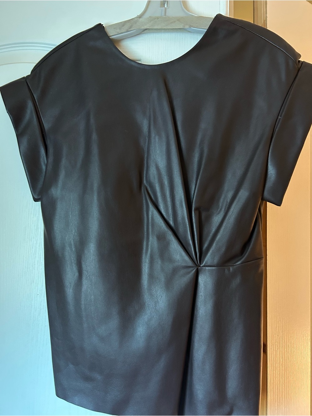 Women’s Brown Faux Leather Short-Sleeve Blouse with Twist Detail